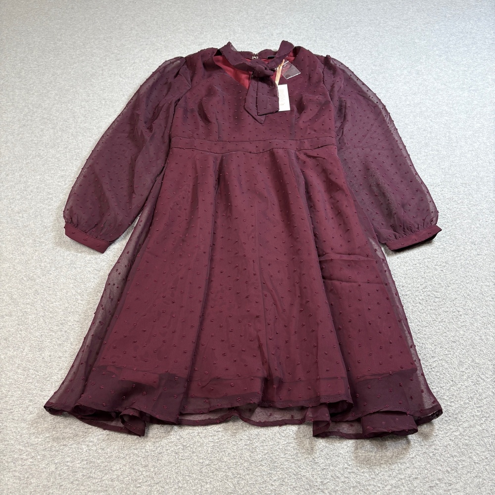 ModCloth Dress Womens 6 Burgundy Sheer Swiss Dot Long Sleeve Bow Neck Tie Twee